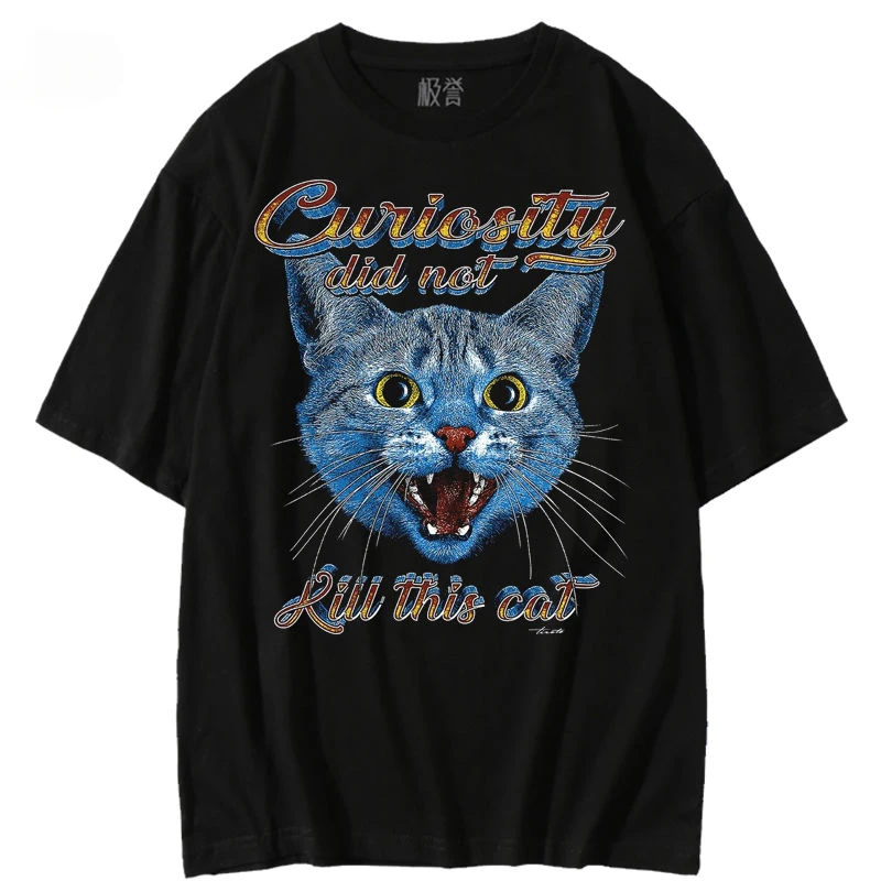 

2024 summer new American street retro style cat pattern T-shirt pure cotton short-sleeved men ins trendy loose couple y2k tops