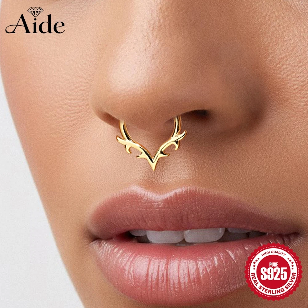 AIDE 925 Sterling Silver Lucky Antlers Gothic Nose Ring/Helix Piercing Hoop/Internal thread Flat Back Star Piercing Body Jewelry