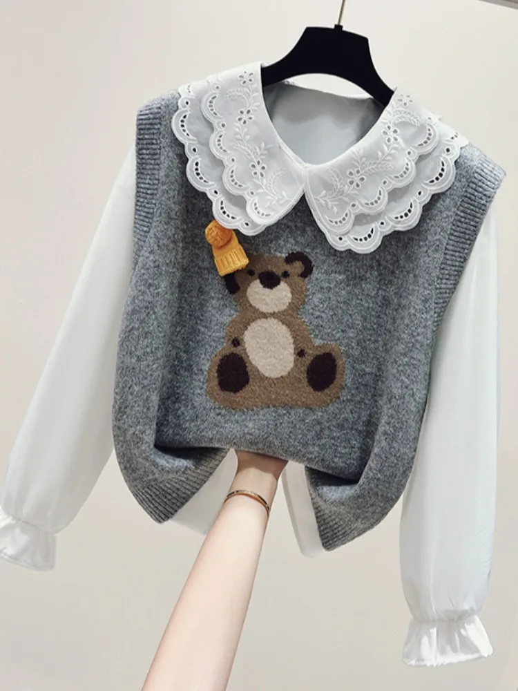

Recommended Self-Preserved Doll Collar Long Sve Knitted irt Women's Autumn New Sle Two-Piece Set with Bear Vest Layering