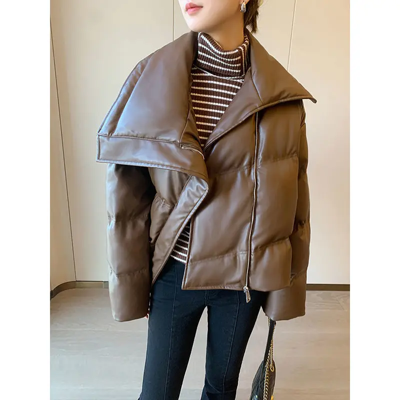 Brown Thickened PU Leather Short Cotton Clothes and Bread Clothes for Women 2024 Autumn and Winter Fashion New Winter Jackets