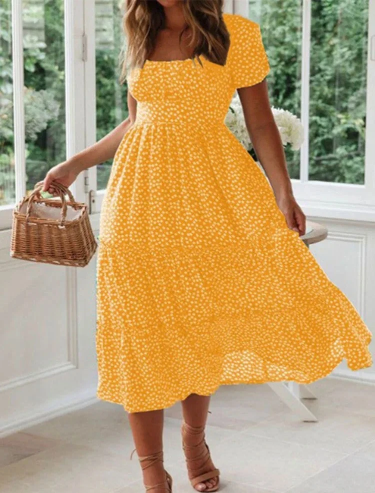 Vintage Vintage imprimé manches bouffantes été plage robes douces décontracté col carré floral maxi longue robe