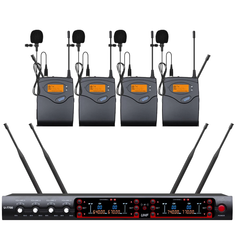 

Pro 4 x 100 Channel BodyPack Lavalier Wireless Microphone System With 4 Lapel Mic MiCWL 7700