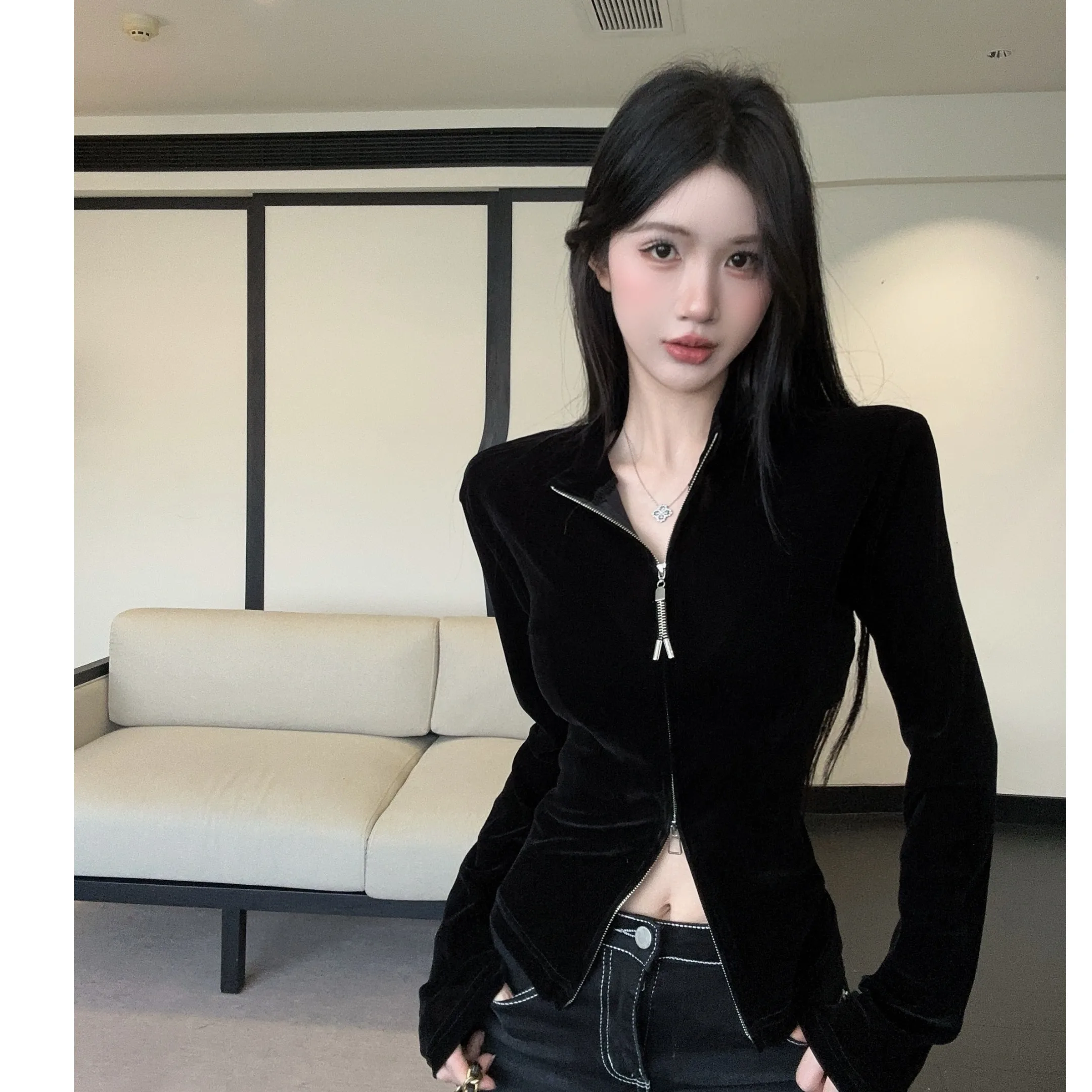 قميص مخملي طويل Sve بياقة واقفة وسحاب مزدوج متعدد الاستخدامات للتخسيس العصري للنساء للخريف والشتاء Faion يوميًا لون نقي T-... #3