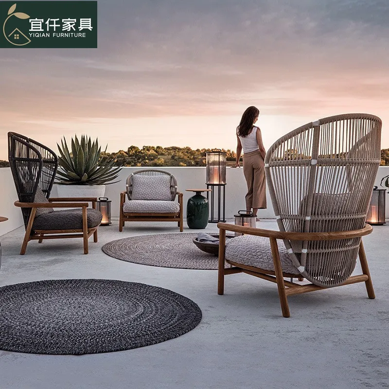 

Outdoor courtyard model room creative high back sofa balcony open-air hotel teak single combination rattan chair living room