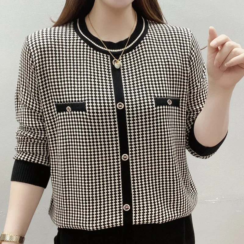 Fashion Commute Houndstooth Round Neck T-shirt Female Chic Spliced Long Sleeve Elastic Pullovers Tops Spring Women's Clothing