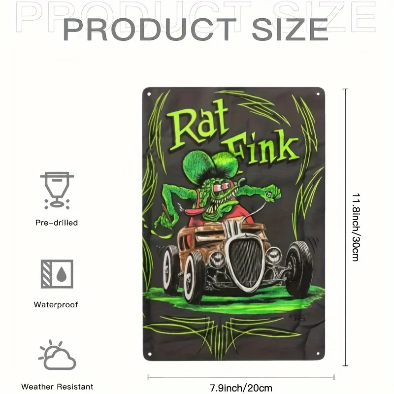 Vintage Rat Fink Iron Sign Classic Hot Rod Character Wall Art for Bar, Garage Pre-Drilled Wall Hanging Metal Plaque