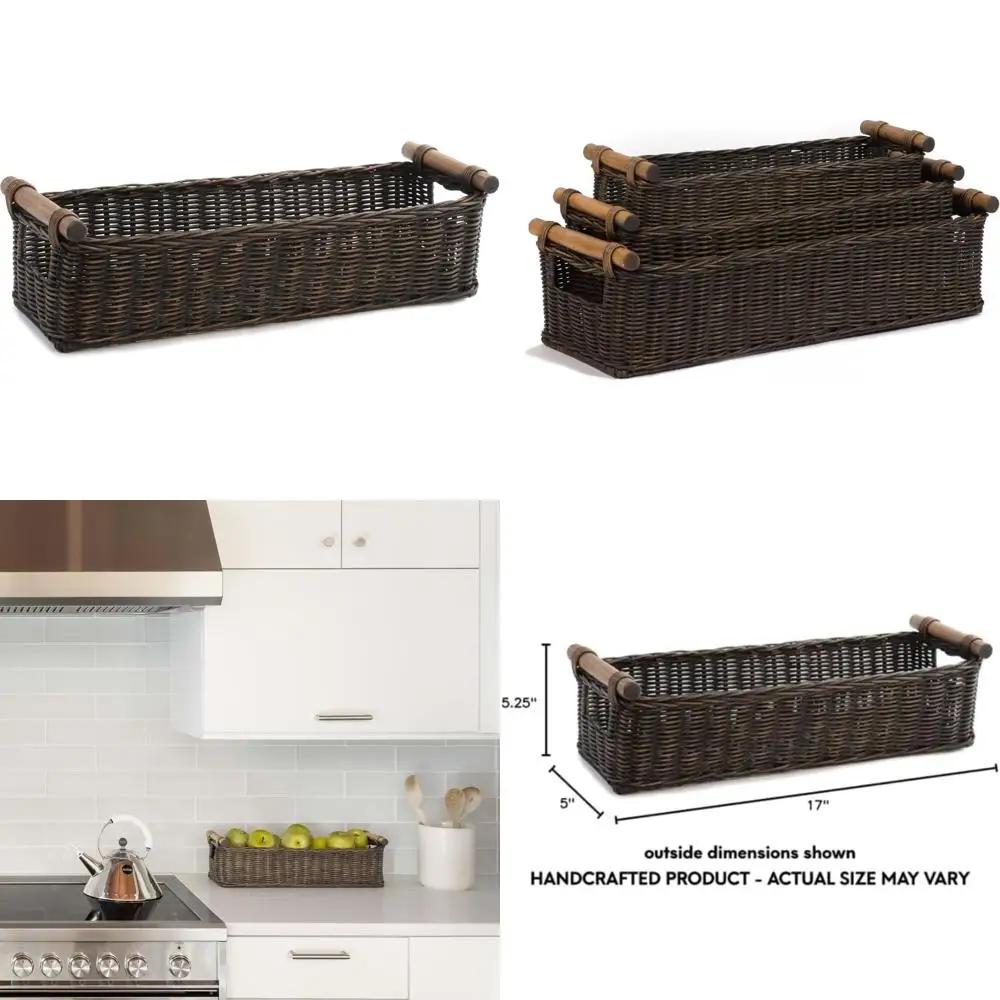 

Small Antique Walnut Brown Wicker Basket with Long Narrow Pole Handle, 17 Length x 5 Width x 5.25 Height