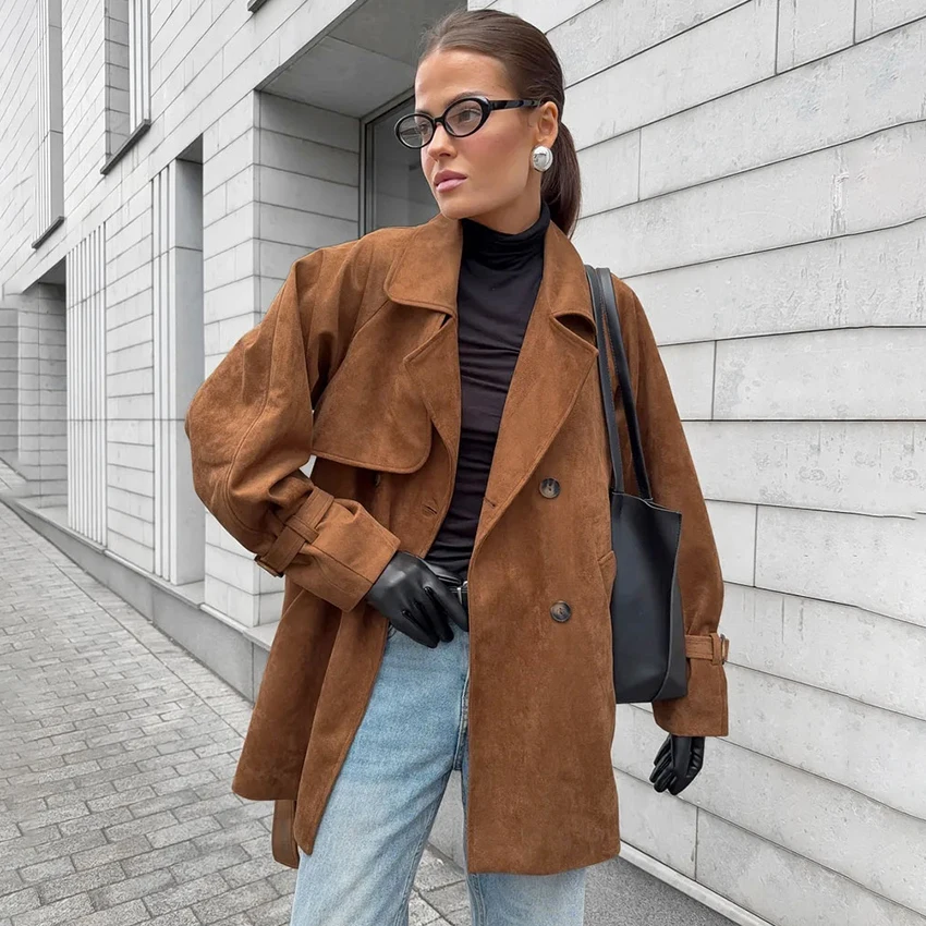 

Linad Vintage Brown Double Breasted Coats Women Street Chic Notched Collar Jackets 2025 Autumn Long Sleeve Outerwear Ladies