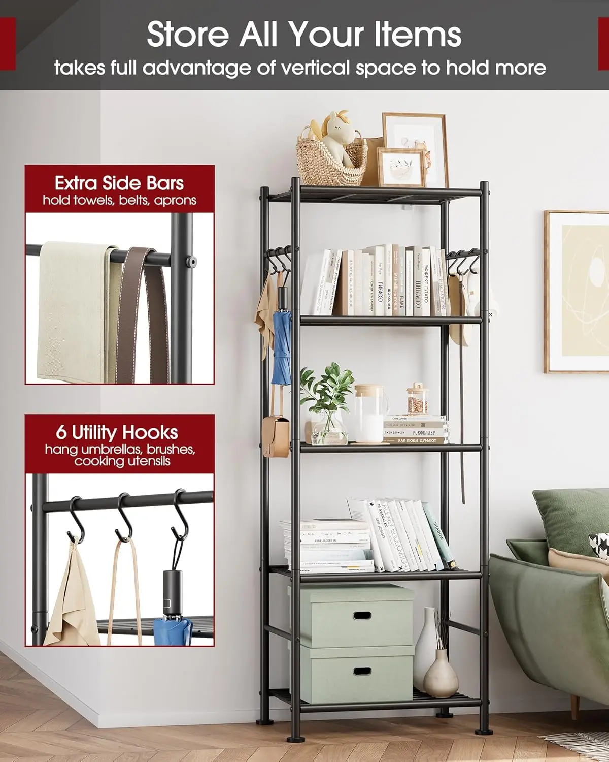 رف تخزين معدني شديد التحمل مكون من 5 طبقات مع خطافات، أقدام قابلة للتعديل للمرآب وغرفة النوم والشرفة - أسود #5