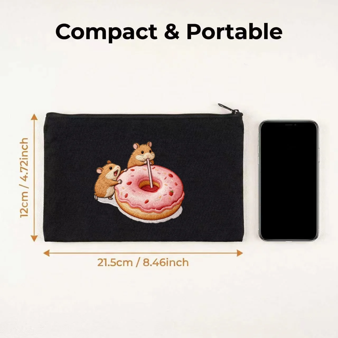1PC Cute Two Hamsters Strawberry Donut Embroidery Print Canvas Cosmetic Bag Double Sided Portable Travel Zipper Pouch