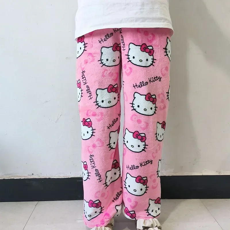 Halloween Sanrio Hello Kitty Fleece Coral Pajama Pants Soft Trousers Cute Women Casual Home Kawaii Anime Cartoon Birthday Gift