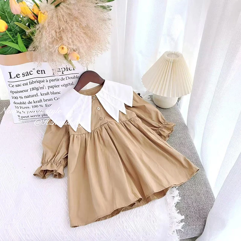 Girl Dress Spring 2024 New Retro Van Doll Pointed Collar Girl\'s Dress Long Sleeve Khaki Princess Dress Sweet Casual Dress