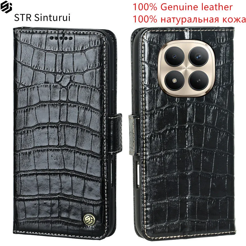 

STR Genuine leather crocodile grain card Slot Wallet Cover For Xiaomi Redmi Note 13 13R 14 15 Pro+ Pro 14S shockproof phone Case