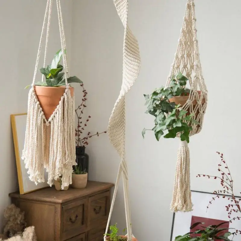 Gardening Plant Hanging Basket Handmade Cotton Rope Hanger Flower Pot Handmade Macrame Pot Pocket Wall Boho Courtyard Home Decor