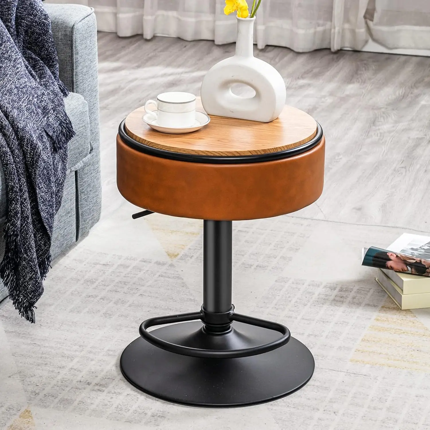 

Round Storage Bar Stool, Bla Faux Leather Height Adjustable Barstool, 360°Counter Height Swivel Stool, Arml Bar Chair With