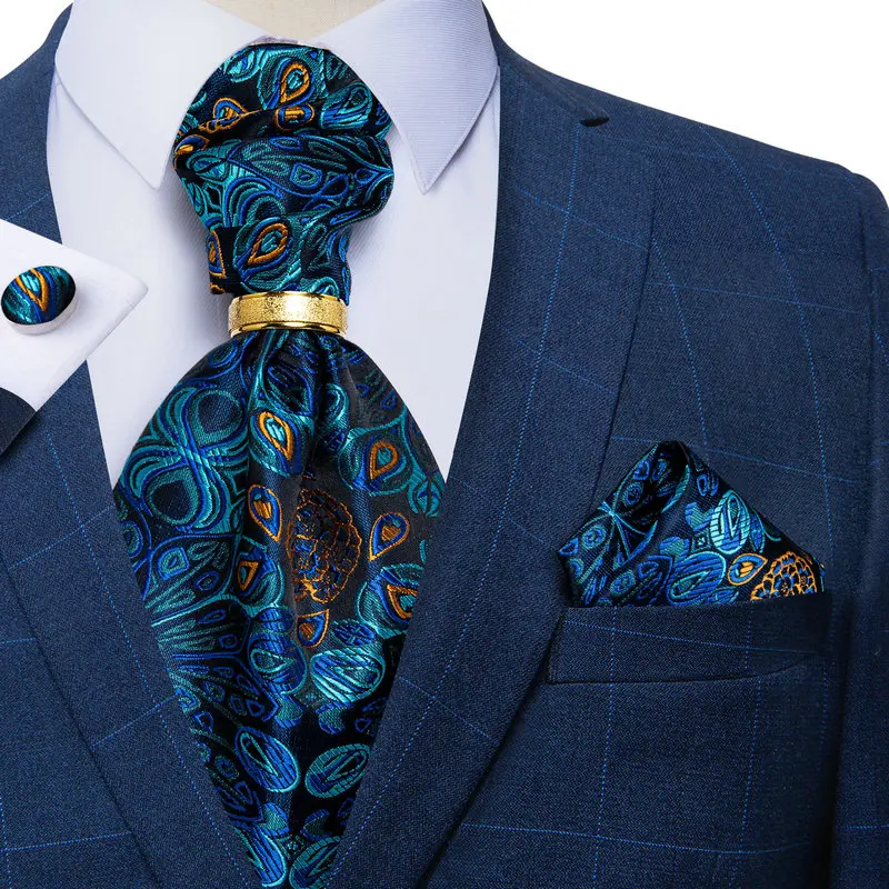 

Men Luxury Ascot Tie Set Silk Paisley Cravat Wedding Party Exquisite Scarf Ties Sets Handkerchief Necktie Cufflinks Ring DiBanGu