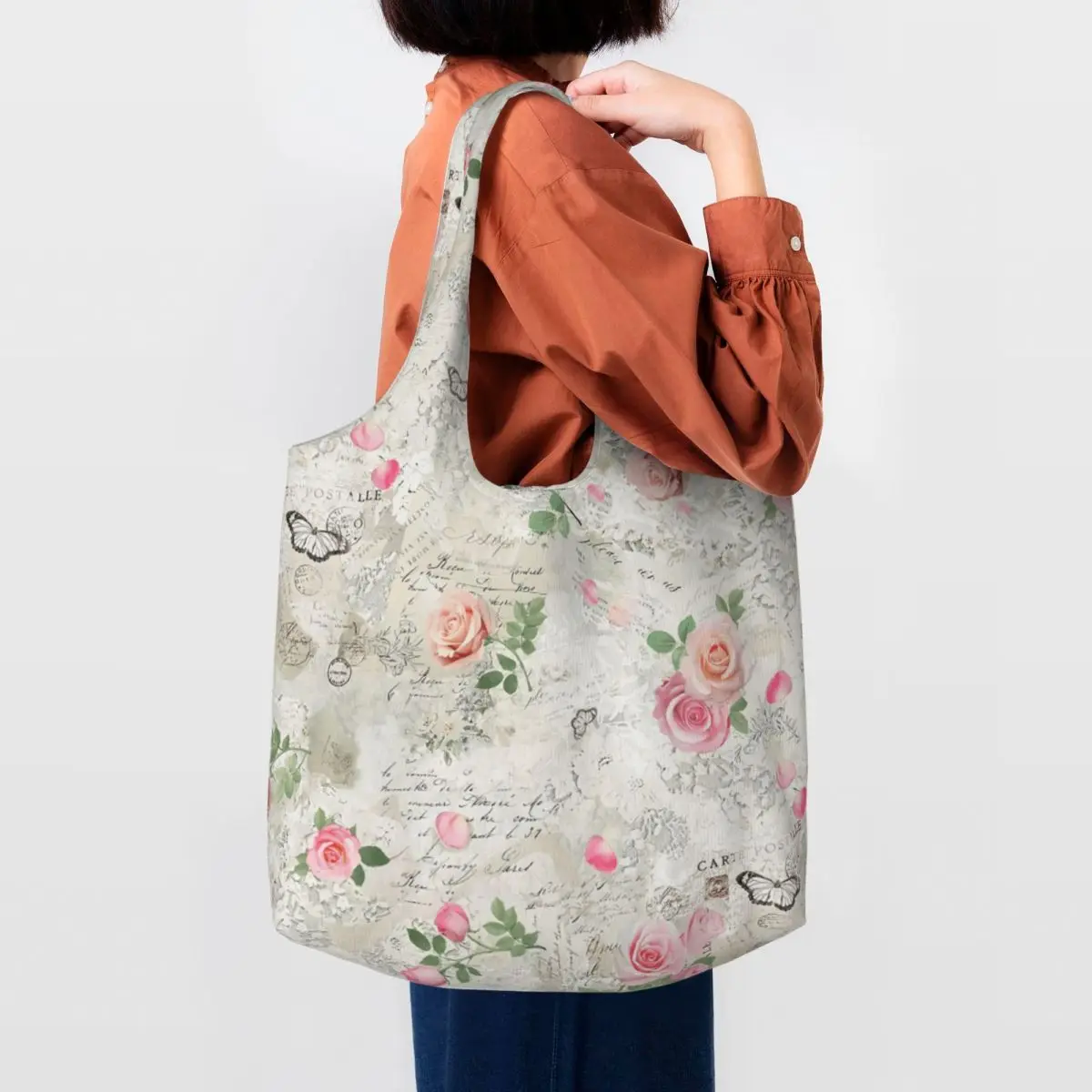 Reciclaje París Francia hermoso bolso de compras con Collage Eiffel bolso de mano de lona para mujer bolsas de compras de comestibles lavables