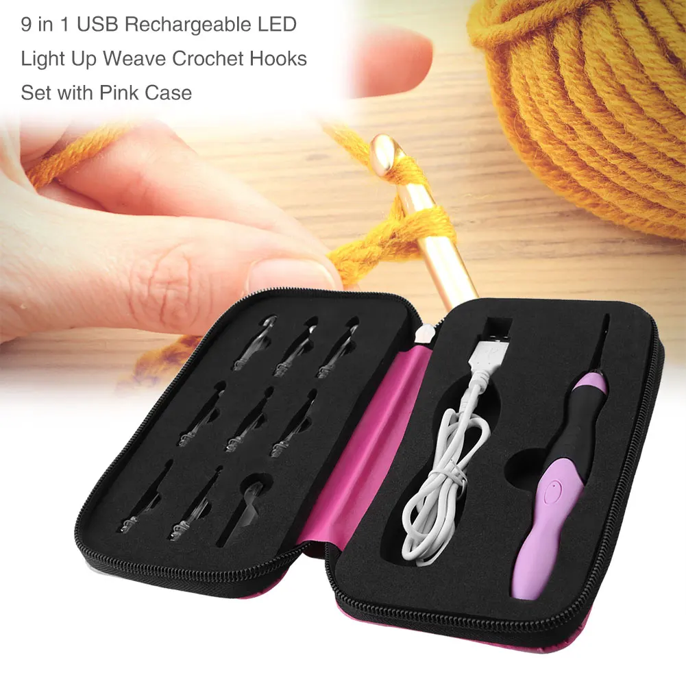 Led Crochet Hooks Weave Sewing tool 9 in 1 USB Rechargeable LED Light Up Weave Crochet Hooks Set with  Case Crochet Hooks