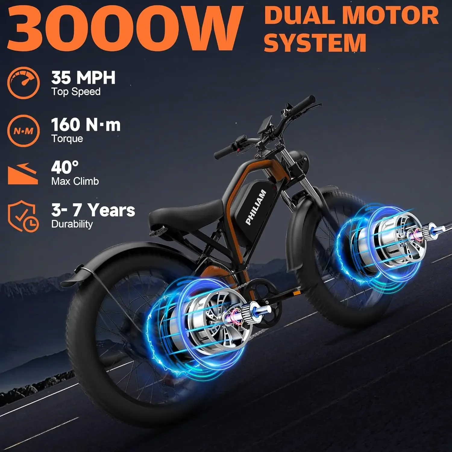 دراجة كهربائية بمحرك مزدوج 52 فولت 3000 وات للبالغين 35 ميجابكسل E دراجات 52 فولت 23 أمبير بطارية 80 ميل نطاق 26 إطار عريض