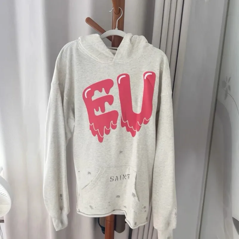 Oversize Men Women Saint Hoodie EU Dissolved Washed Vintage Graffiti Destruction Dirty Paint High Street Loose Hoodie Outfit