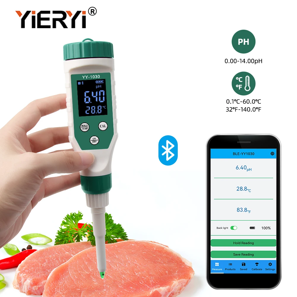 Yieryi Smart Bluetooth phmetro Aquarium SPA Pool PH Tester per il monitoraggio della qualità dell\'acqua per il suolo cibo cosmetico formaggio carne