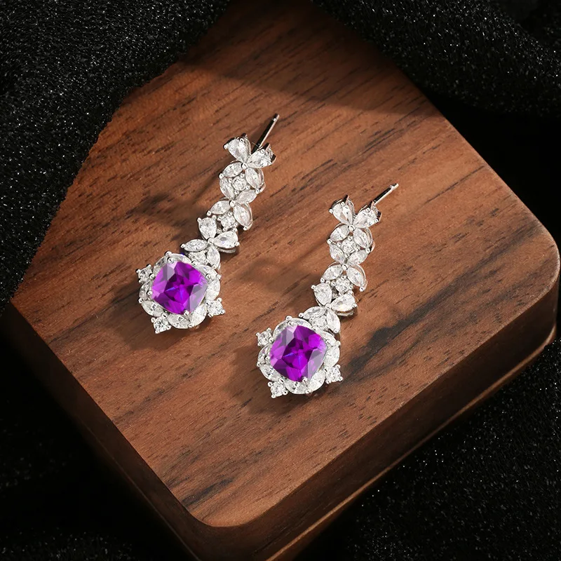 

Luxury Solid Platinum PT950 Women's Pigeon Red Emerald Blue Moissanite Diamond Full Diamond Stud Earrings