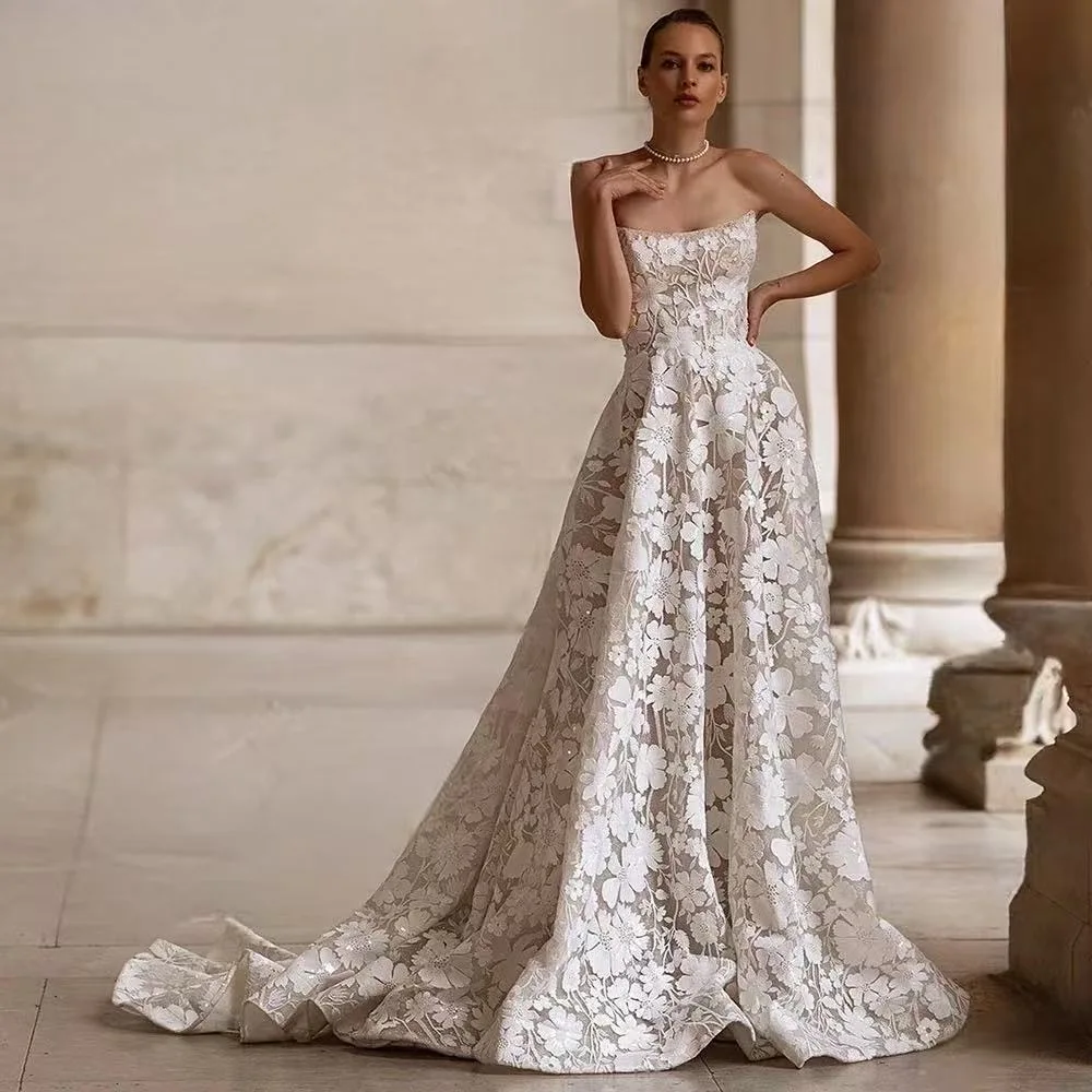 

Elegant Strapless Appliques Wedding Gown Off Shoulder Lace Bride Sleeveless Sweep Train Robe Customized Vestido de novia