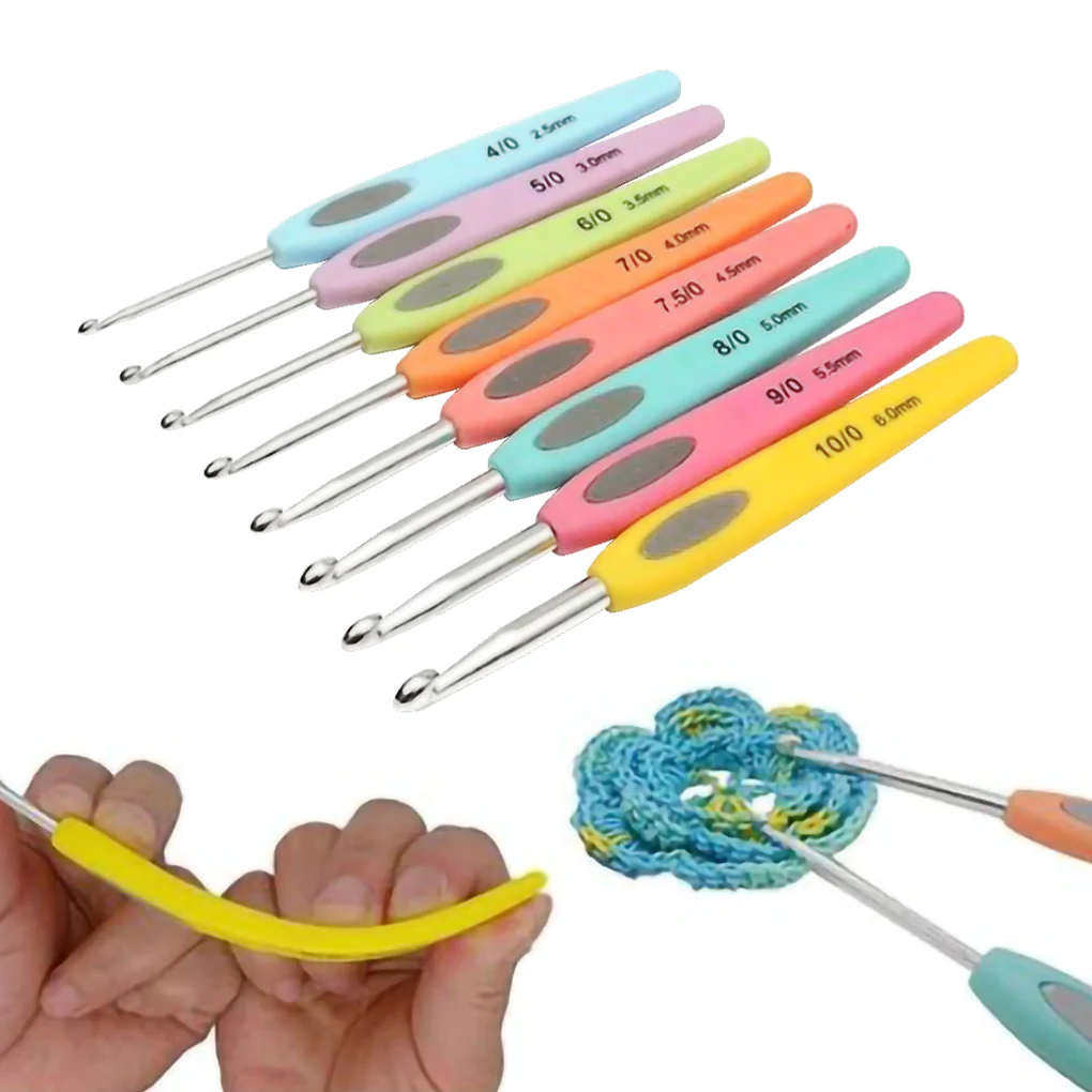 Hot! 8PCS/Set Colorful Soft Plastic Handle Aluminum Crochet Hooks Knitting Needles Set 2.5-6mm Crochet Weave Sewing Needles Tool