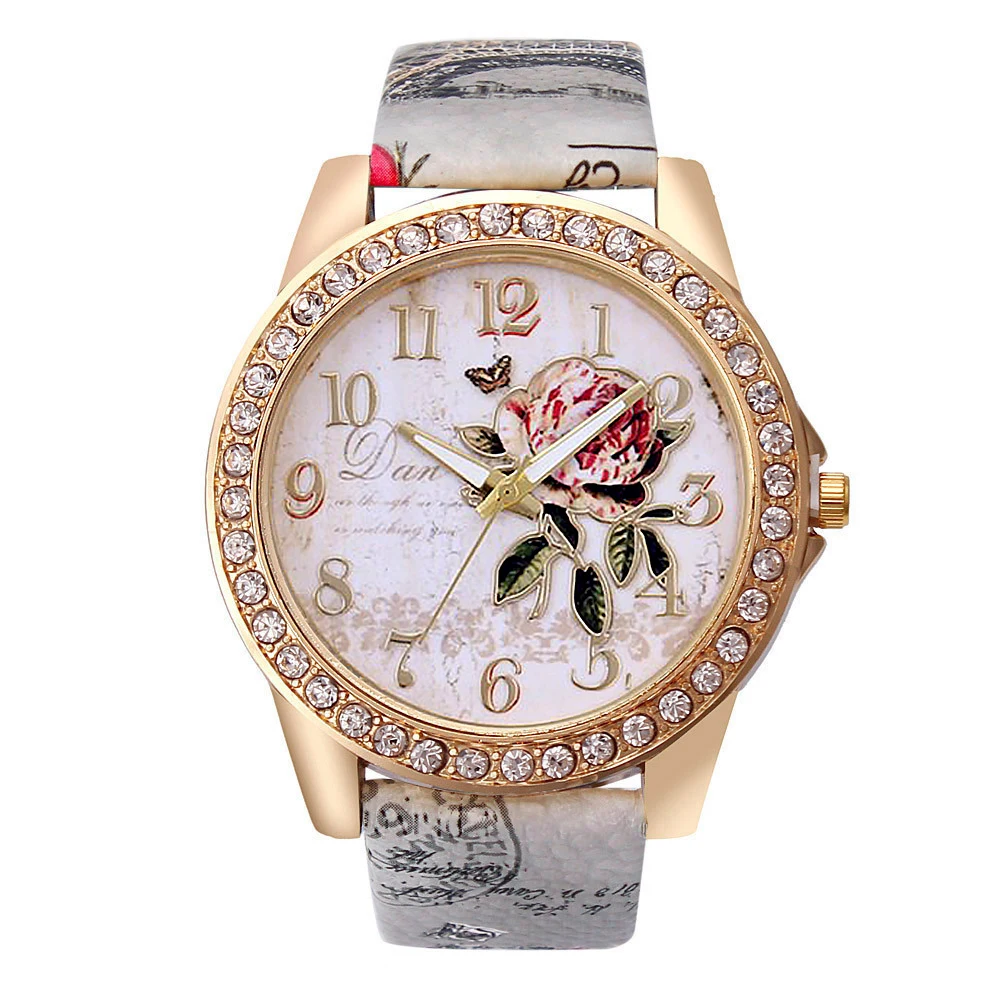 fashion Women rhinestone Rose flower pattern PU leather quartz Watch