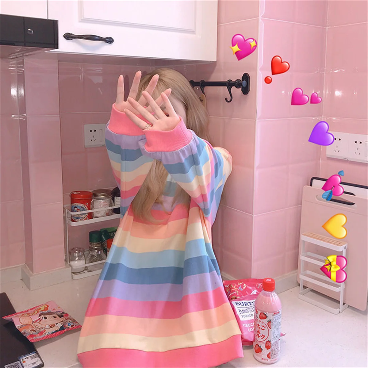 Pink Rainbow Striped Oversized T Shirts For Women Kawaii Summer Long Sleeve O-neck Shirt Korean Ladies Fleece Sweetops Tshirt