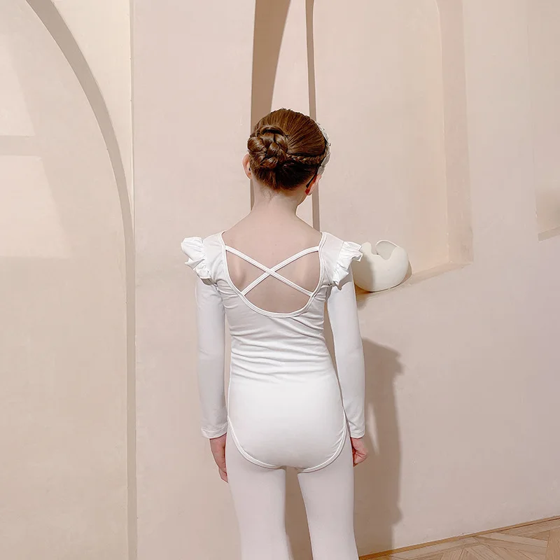 Terno de dança infantil de manga comprida, traje de prática para meninas, branco, outono e inverno, saia de renda, vestido de prática chinesa