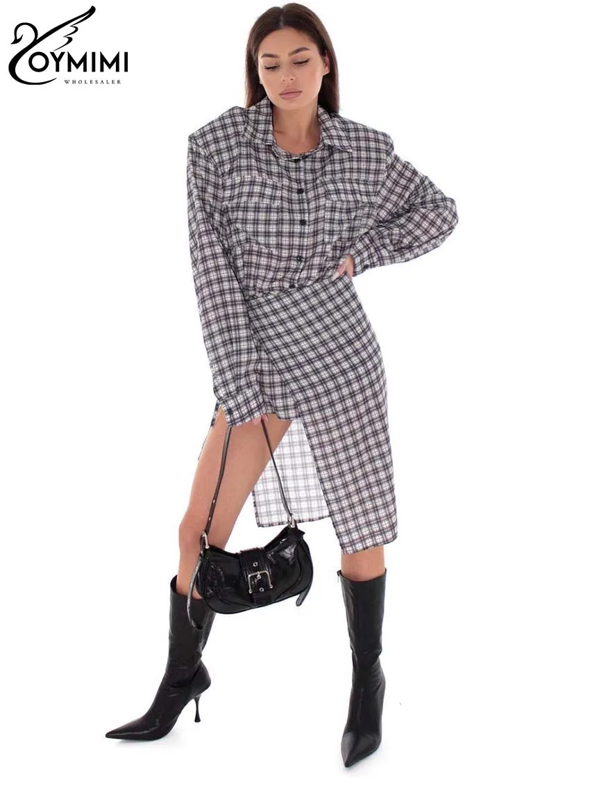 Oymimi Elegant Dark Grey Plaid Print 2 Piece Sets Women Outfit Fashion Long Sleeve Pockets Shirts + Lace-Up Side Slit Skirts Set