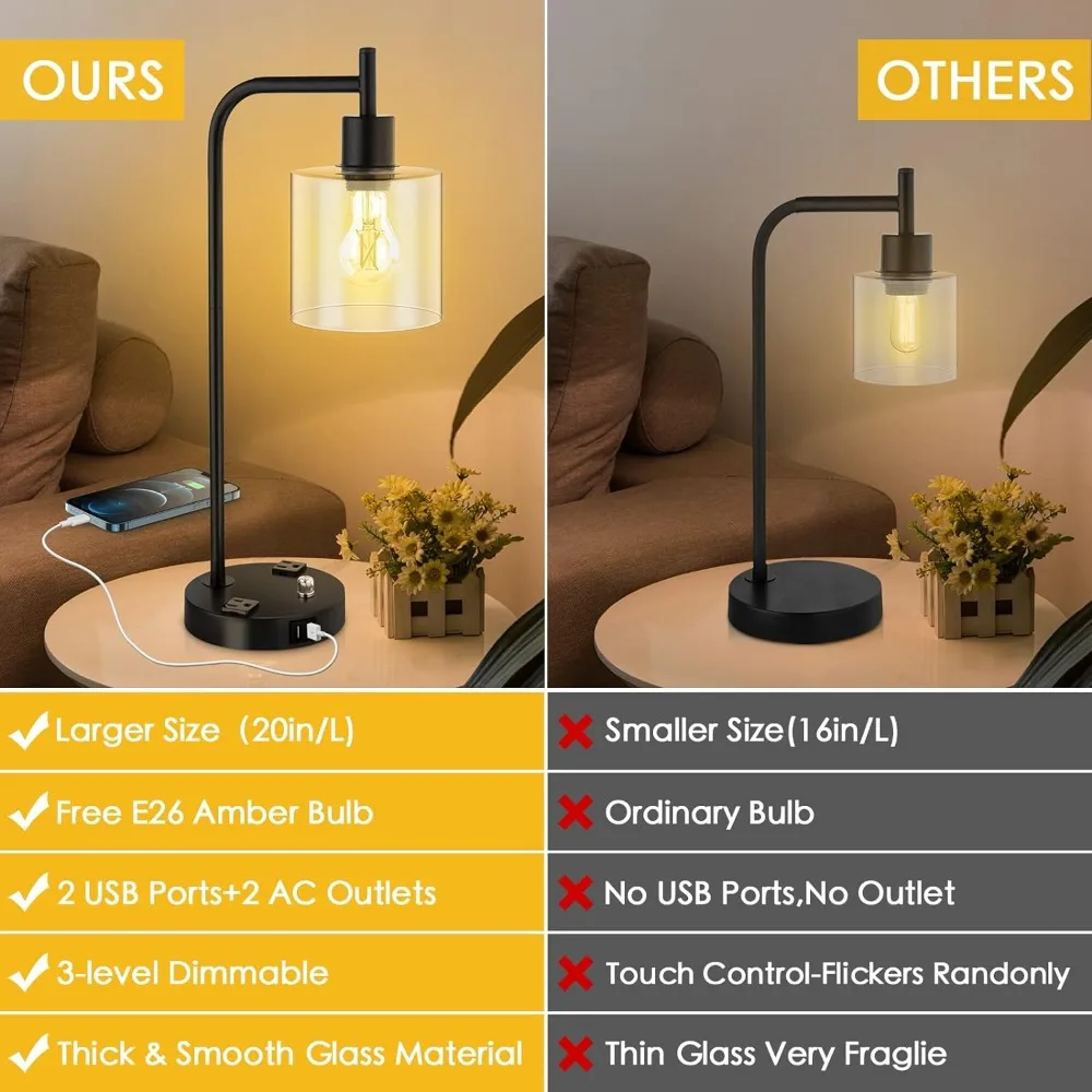 Upgraded Table Lamp, Fully Stepless Dimmable Desk Lamp with 2 USB Charging Ports and 2 AC Power Outlets, Modern Bedside Lamp