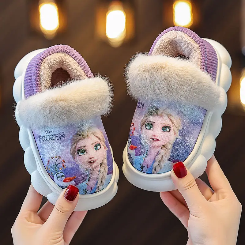 Pantoufles Disney en coton pour enfants, Frozen Princess Elsa, chaussures d'hiver pour bébé fille, anti-ald, pantoufles chaudes pour le sol de la maison, chaussures en fourrure bleue, taille 2