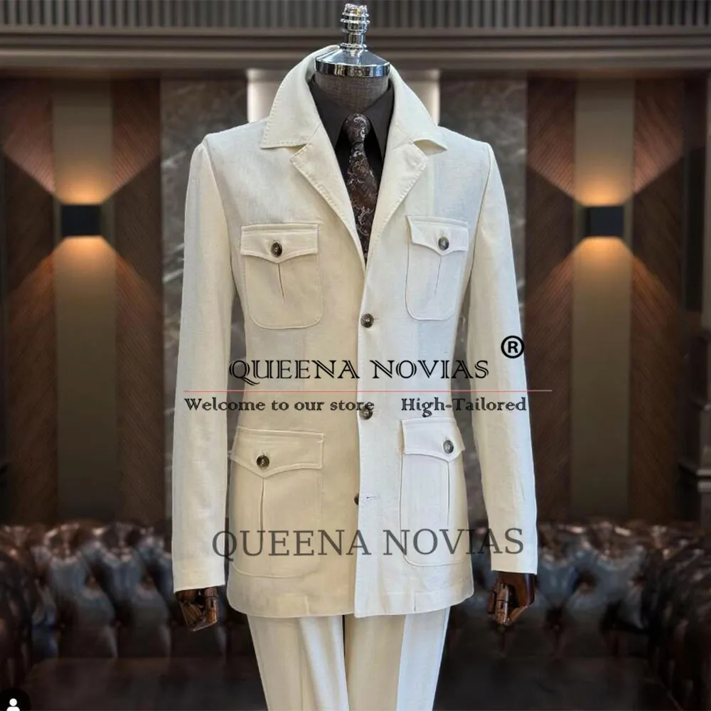 Trajes de lino elegantes para hombre, esmoquin de boda estilo Safari para novio, fiesta de cena para hombre africano, chaquetas de graduación de un solo pecho personalizadas 2025