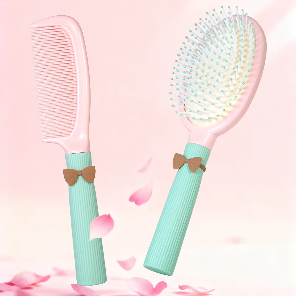 

Cute Bow Hair Brush & Comb Set - Dual Pack with Air Cushion Brush & Fine Tooth Comb, Gentle Styling for Women