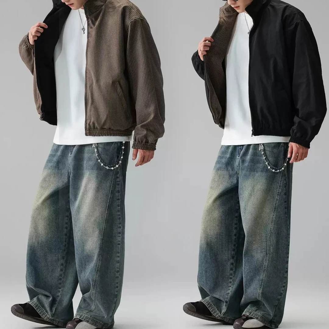 Reversible Houndstooth Jacket Mens American Vintage Stand Collar Woven Cropped Oversized Spring Fall Streetwear Casual Coat