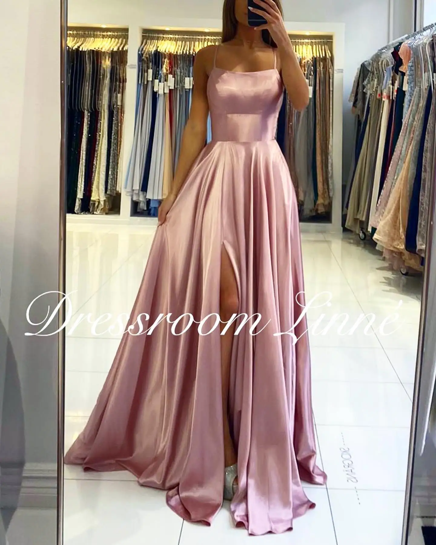 BABYONLINE Satin A-line Gown with Strappy Lace Up Back and High Skirt Slit Floor Length Wedding Bridesmaid Dresses Prom Dress