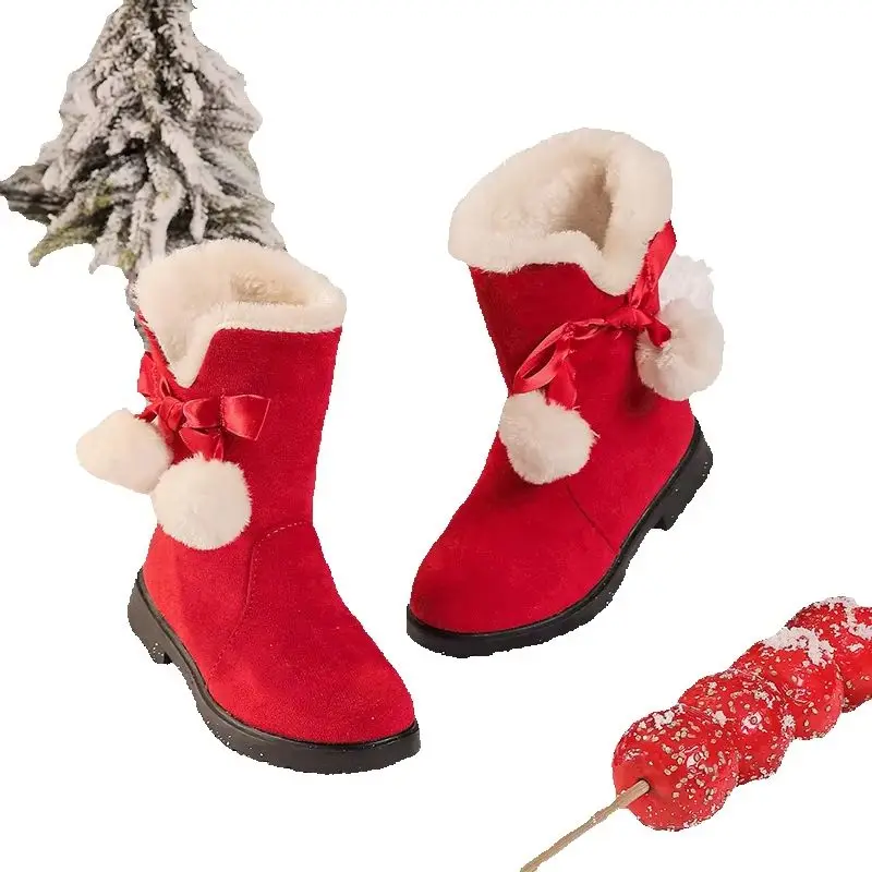 *2026 Girls Boots Autumn/Winter Fashion Sweet Baby Girls Velvet Warm Colorful Bow Square Heel Casual Comfortable Cute Boots