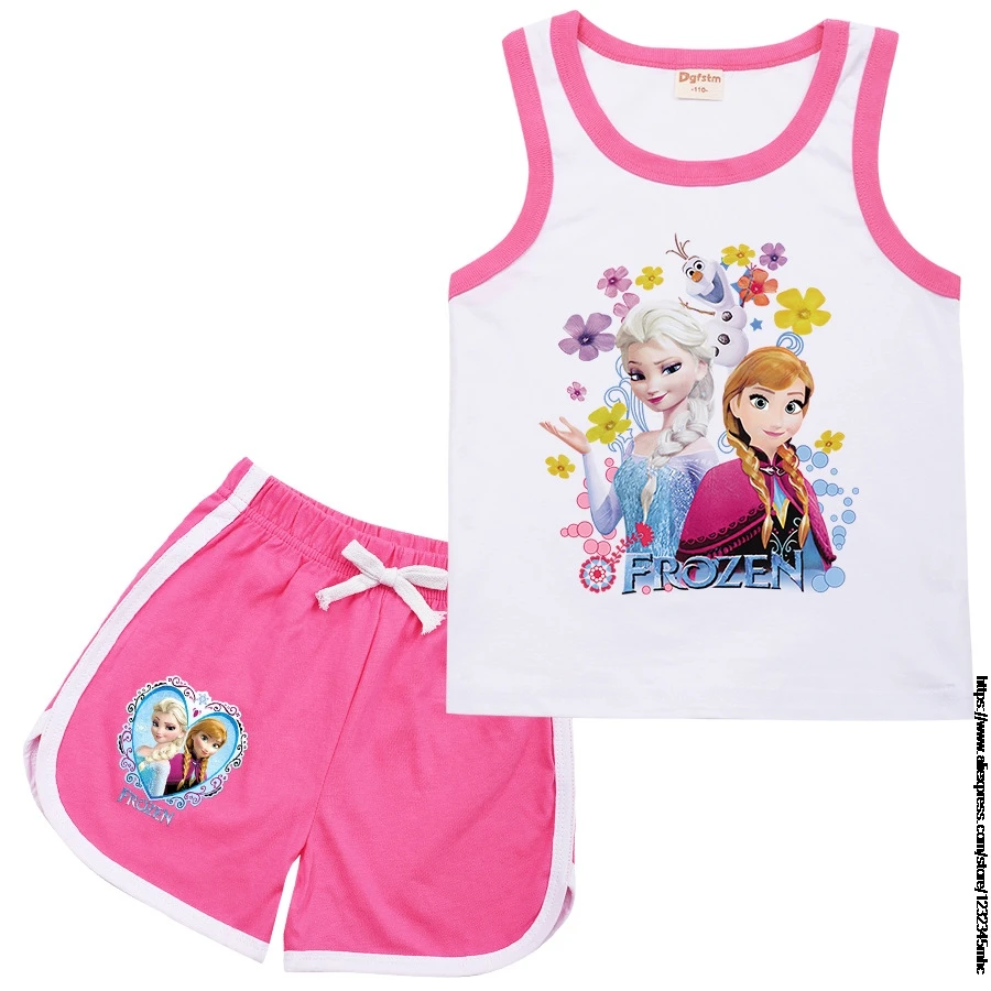 Disney Frozen Elsa Summer Girls Clothes Sets Cartoon 1-15T Baby Kids Clothes Vest Tops+Shorts 2 PCS Sets Tracksuit Outfits