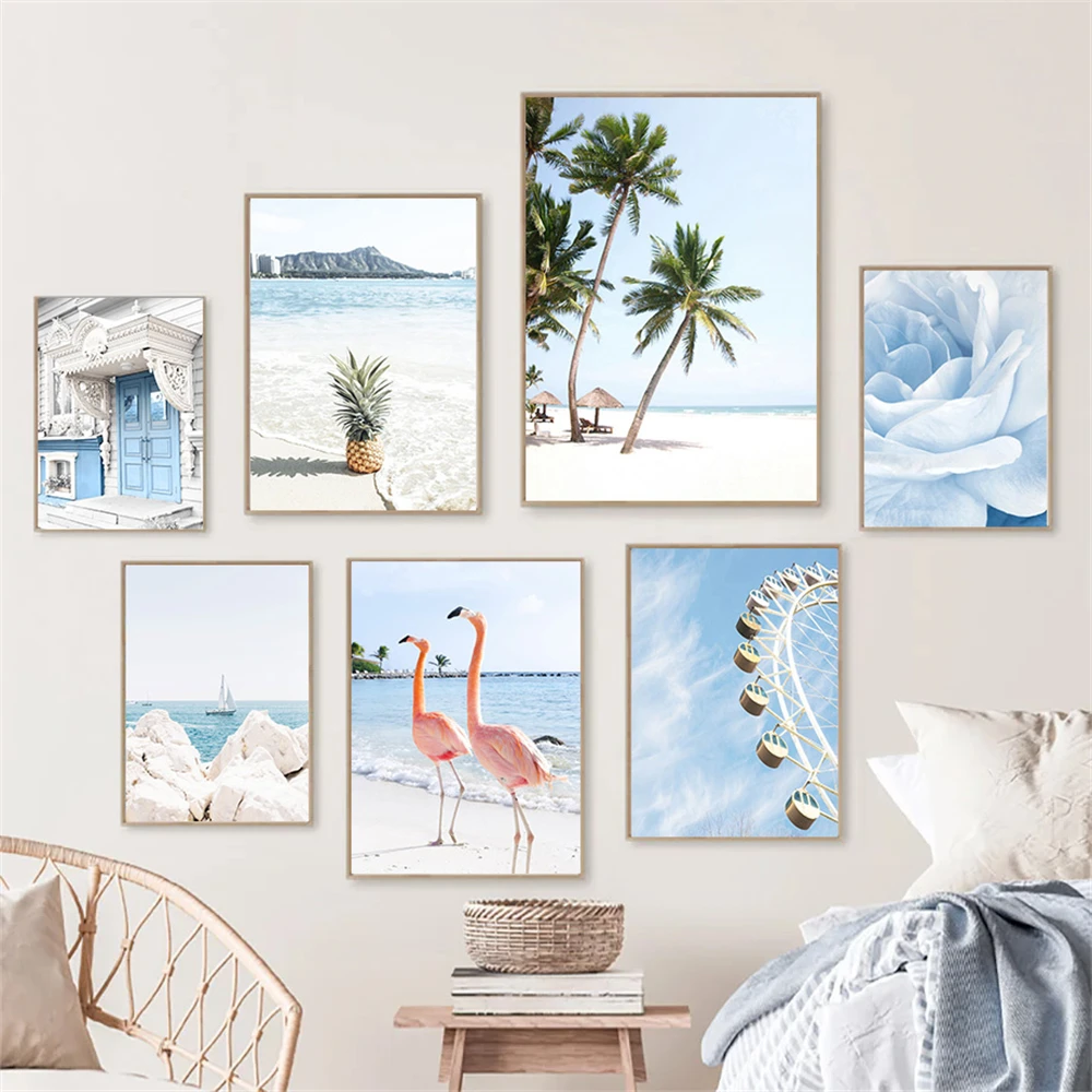 Blue Ocean Sea Beach Canvas Art Painting Flamingo Poster Pineapple Palm Tree Print Pictures Nordic Wall Posters Bedroom Decor