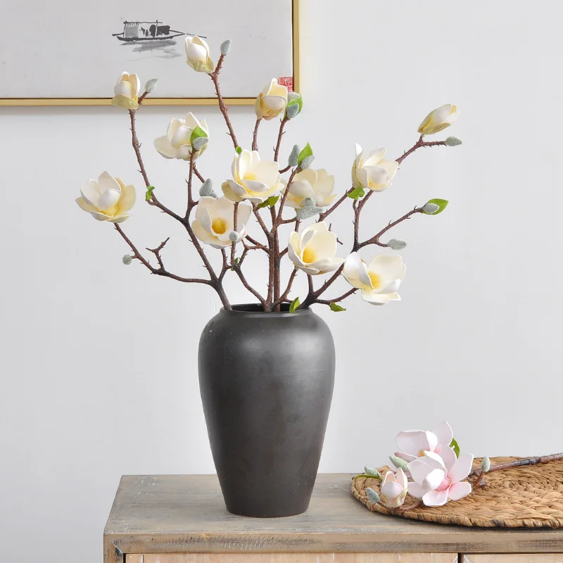 51CM Artificial 3-head Magnolia EVA Cotton Fake Flower New Chinese Style Tea Room Living Room High-end Decoration