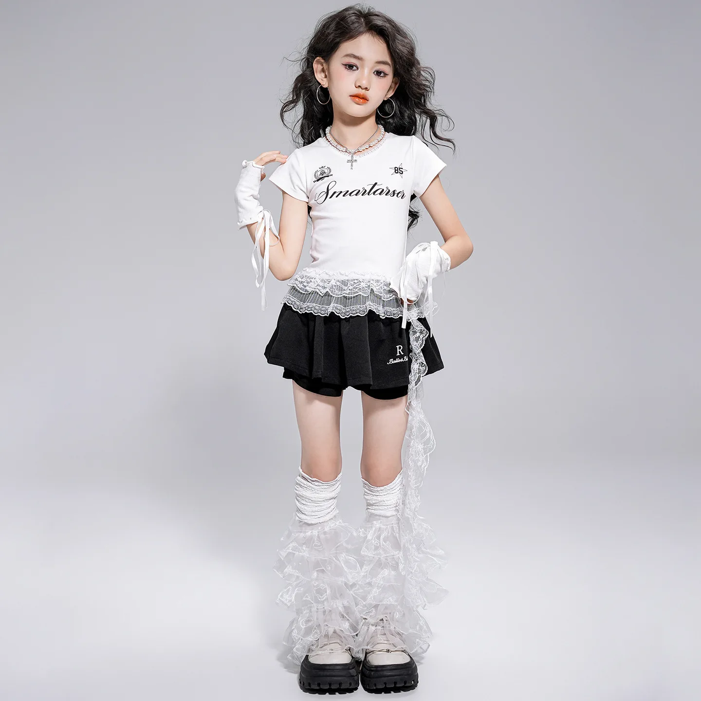 

Kid Kpop Hip Hop Clothing White Lace Trim T Shirt Top Black Street Pleated Skirt Shorts for Girl Jazz Dance Wear Costume Clothes