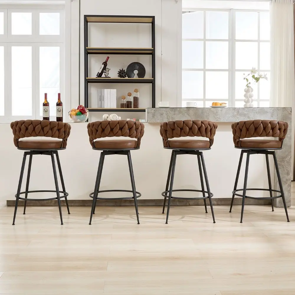 

Height Bar Stools Set of 4, 28 Inch Bar Stool with Metal Legs, 360 Swivel Barstools with Woven Back, Upholstered Suede, Modern