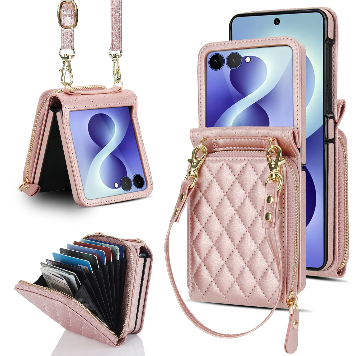 Crossbody Lanyard Leather Wallet Case Zipper Flip Case For Samsung Galaxy Z Flip 8 7 6 5 4 3 5G Phone Cover Shockproof Cards Bag