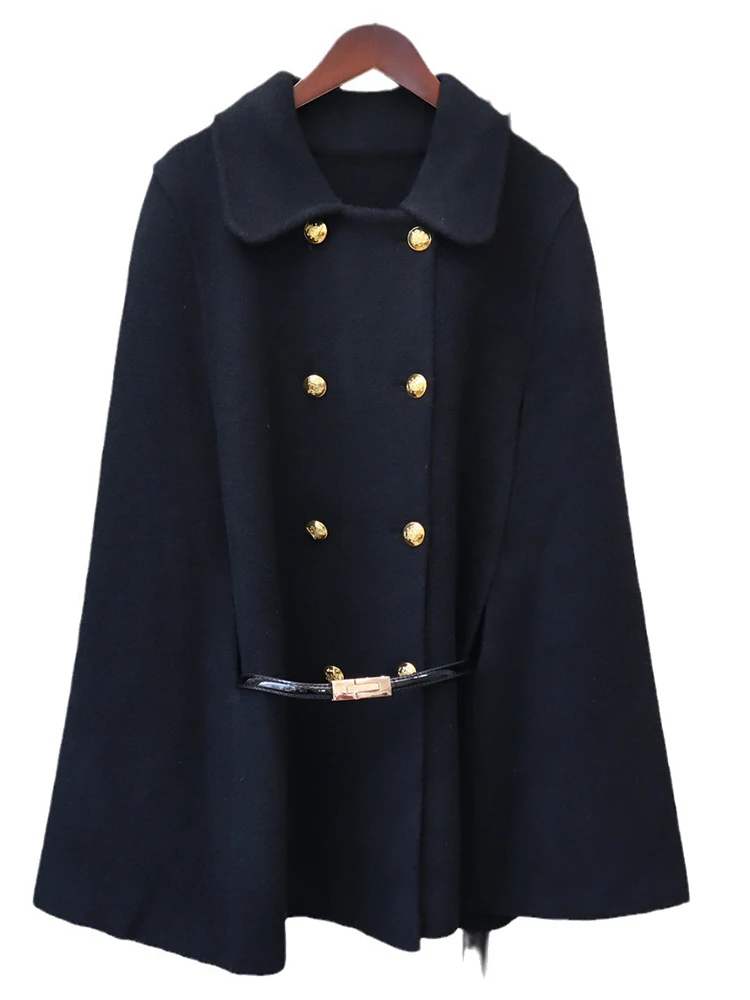White Women Double Breasted Cape Woolen Blends Elegant Cloak Outwear Coats Vintage Overcoat 2023 Autumn Winter New X415