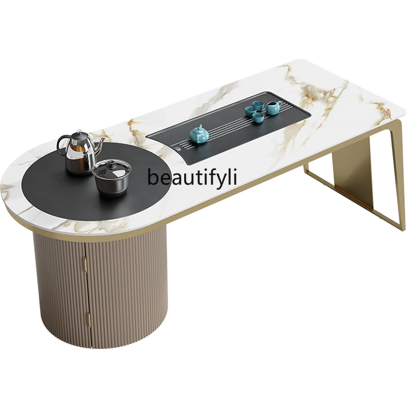 Light Luxury Stone Plate Table-Chair Set Modern Minimalist Office Boiling Water Tea Double-Use Stainless Steel Balcony Tea Table