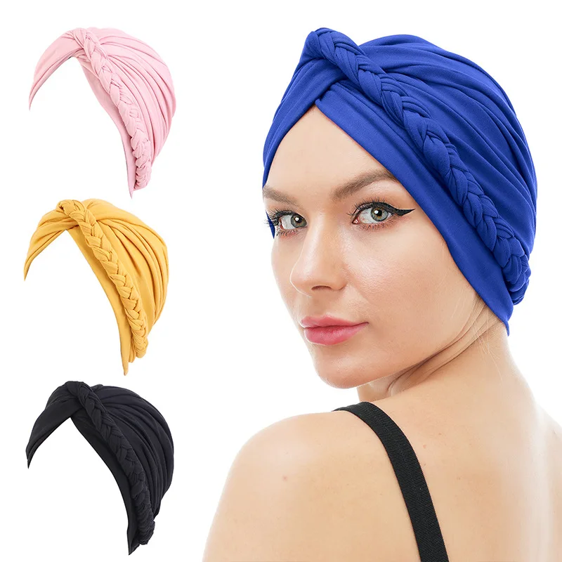 Muslim Headscarf Hat African Convenience Turban Solid Color Twist Headscarf Elastic Yoga Hat Chemotherapy Cap Ethnic Braid Hijab