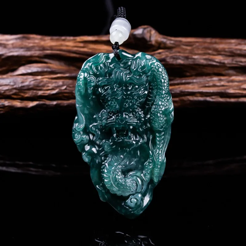 

Natural Emerald Burmese Jade Blue Water Domineering Dragon Pendant Carved Charm Jadeite Jewelry Fashion Gift Certificate