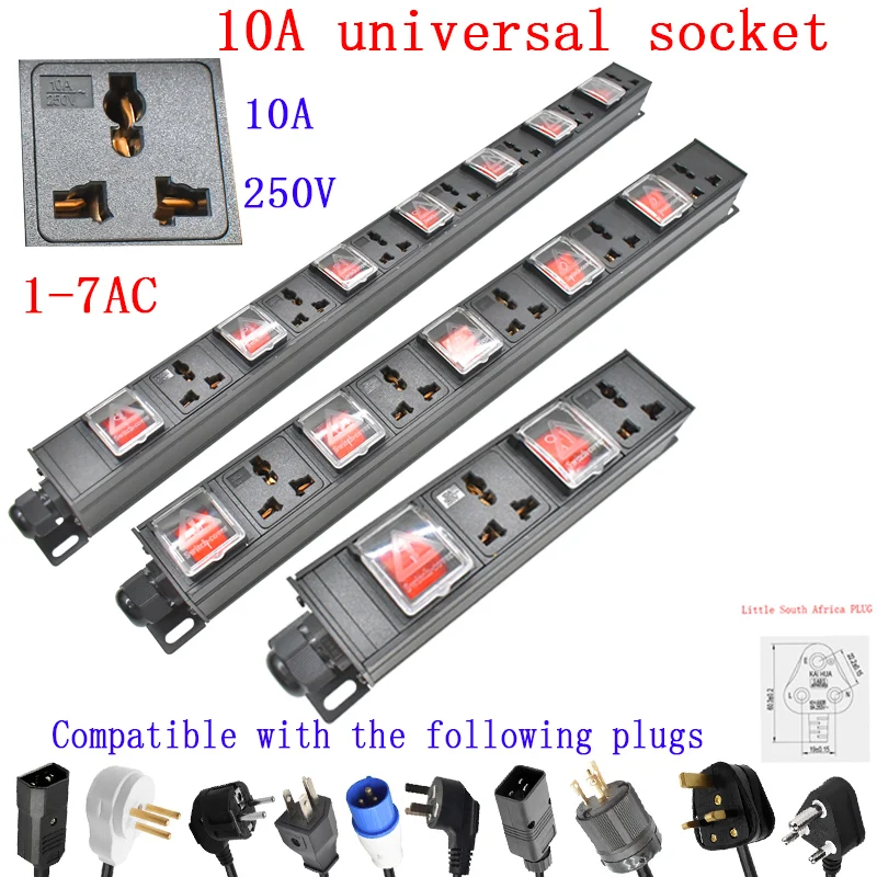 PDU 1U network cabinet rack mounted power board distribution 10A universal socket disconnect switch 2m wire 1-6AC socket